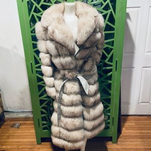 Lintons Pittsburgh Vintage Leather & Arctic Fox Fur Coat w/ Waist Tie